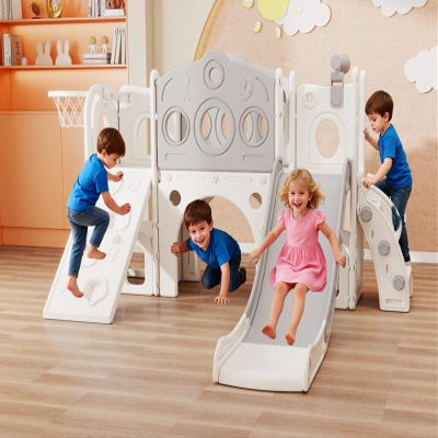 9-in-1 Toddler Slide Playset, Indoor Playground for Kids 1-3 and Outdoor playset for Toddlers with Featuring Climbing Board, Basketball Hoop, Telescope, Storage Space and Non-Slip Steps, Grey& White