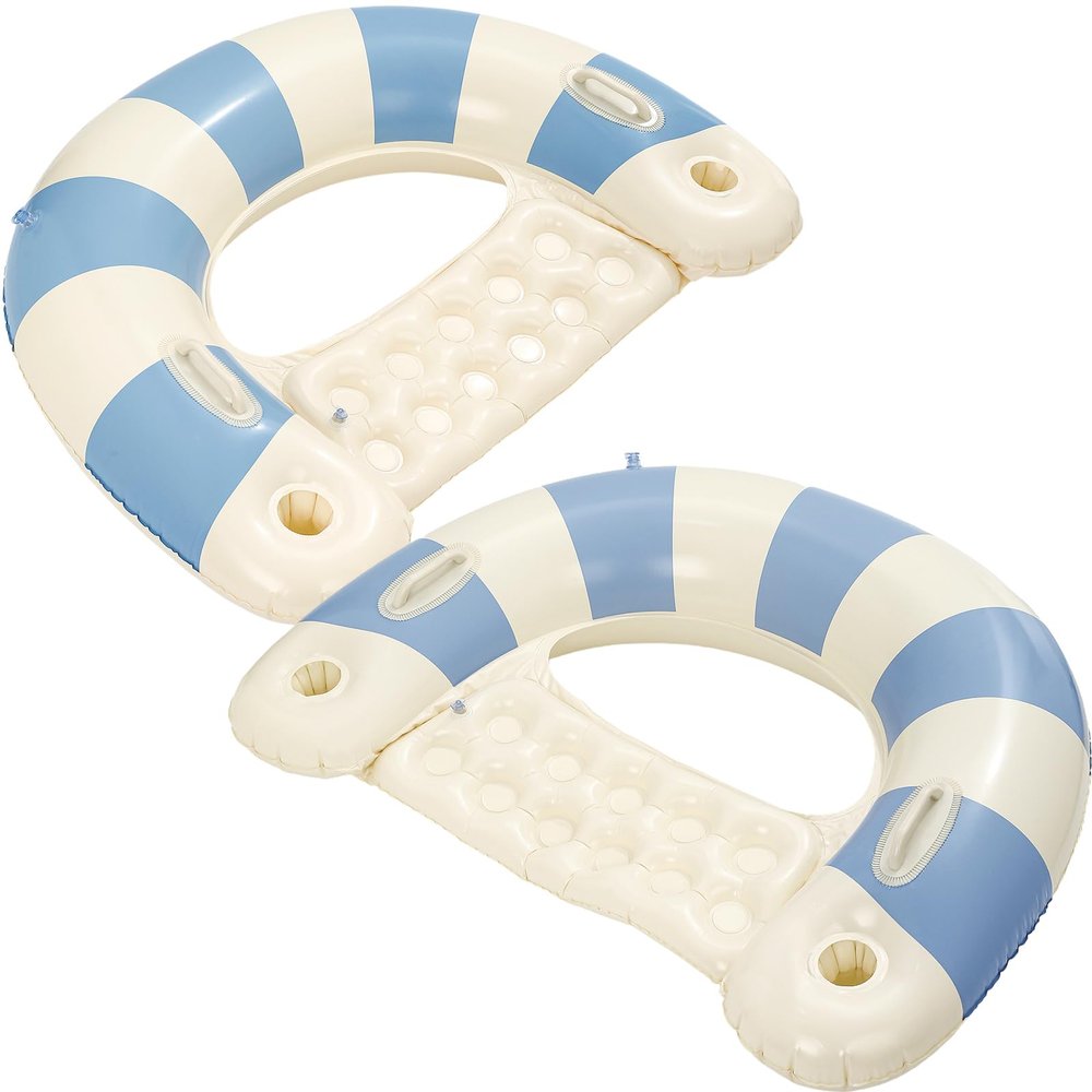 2 Pack Pool Chairs with Cup Holders-Inflatable Pool Floats for Adult,Blow up Floats Chair,Striped Pool Float Chairs for Relaxing Summer Water Fun Swimming Party Supplies (Blue)