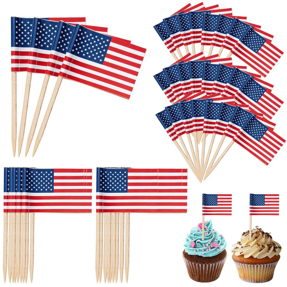 100 Pcs American Flag Toothpicks - Premium Patriotic Cupcake Toppers with Double-Sided Printing | Larger Flags for 4th of July, Juneteenth, Veterans Day Party Decorations & Home Festive Display