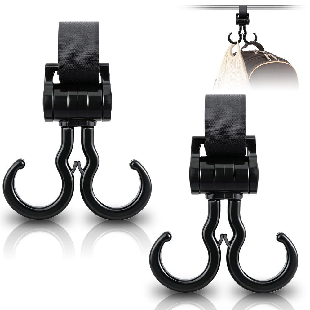 2 PCS Walker Hook Hanging with Dual Hook, 360 Rotation Multipurpose Stroller Hooks for Hanging Diaper Bags, Baby Stroller Wheelchair Hanger Clip Accessories, for Walker, Shopping Cart, Car Back Seat