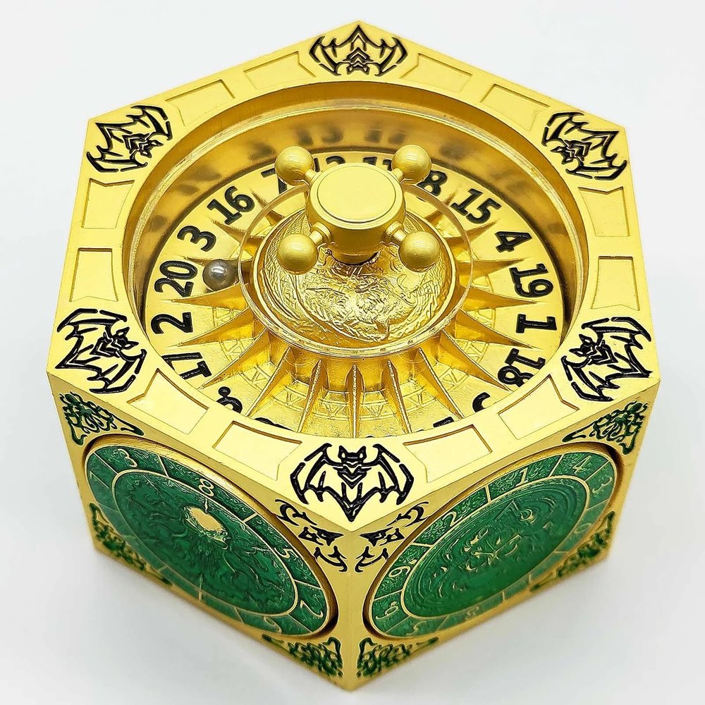 7-in-1 Mechanical Rotating Dice, Metal Dice Set, with Gift Box, Suitable for Role-Playing (Emerald Gold)