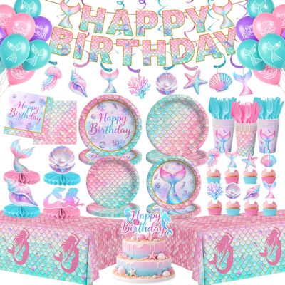 202 Pcs Mermaid Birthday Party Decorations (Serves 24), Mermaid Party Supplies Include Banner Hanging Plates Napkins Cups Forks Knifes Tablecloth Topper Balloons and Sash for Baby Shower