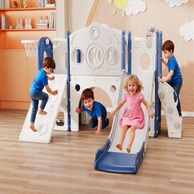 9-in-1 Toddler Slide Playset,Indoor Playground for Kids 1-3 and Outdoor playset for Toddlers with Featuring Climbing Board, Basketball Hoop, Telescope, Storage Space and Non-Slip Steps, Blue & White