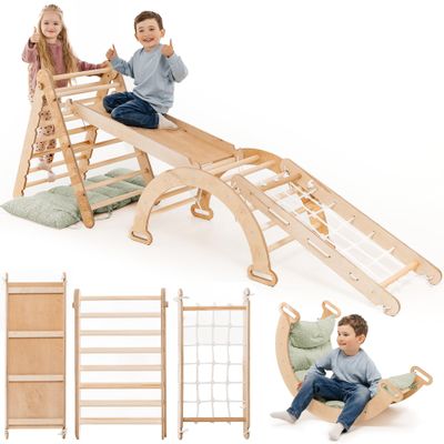 5-in-1 Indoor Climbing Frame for Toddlers - Wooden Triangle, Arch & Climbing Ramp & Net & Cushion, Montessori Climbing Frame, Kids Wooden Gym, Foldable Climbing Toys for Kids 1-5 Age (Green Pillow)