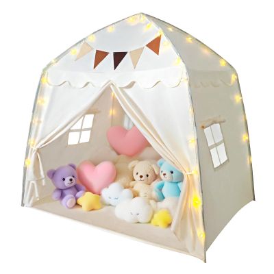 AMTPM Large Kids Play Tent, Indoor/Outdoor Children's Fort with Flags & Globe String Lights, Spacious Toddler Playhouse (61.8x38.6x58.2inch) for 3-12 Year Olds