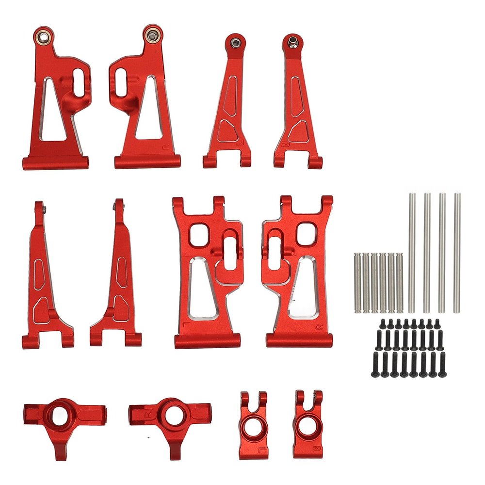 Aluminum Alloy RC Car Suspension Arm Set, Front Rear Swing Arms with Steering Cup and Axle Holder, Upgraded Replacement Parts for MJX 14210 14209 1/14 Scale RC Vehicles (Red)