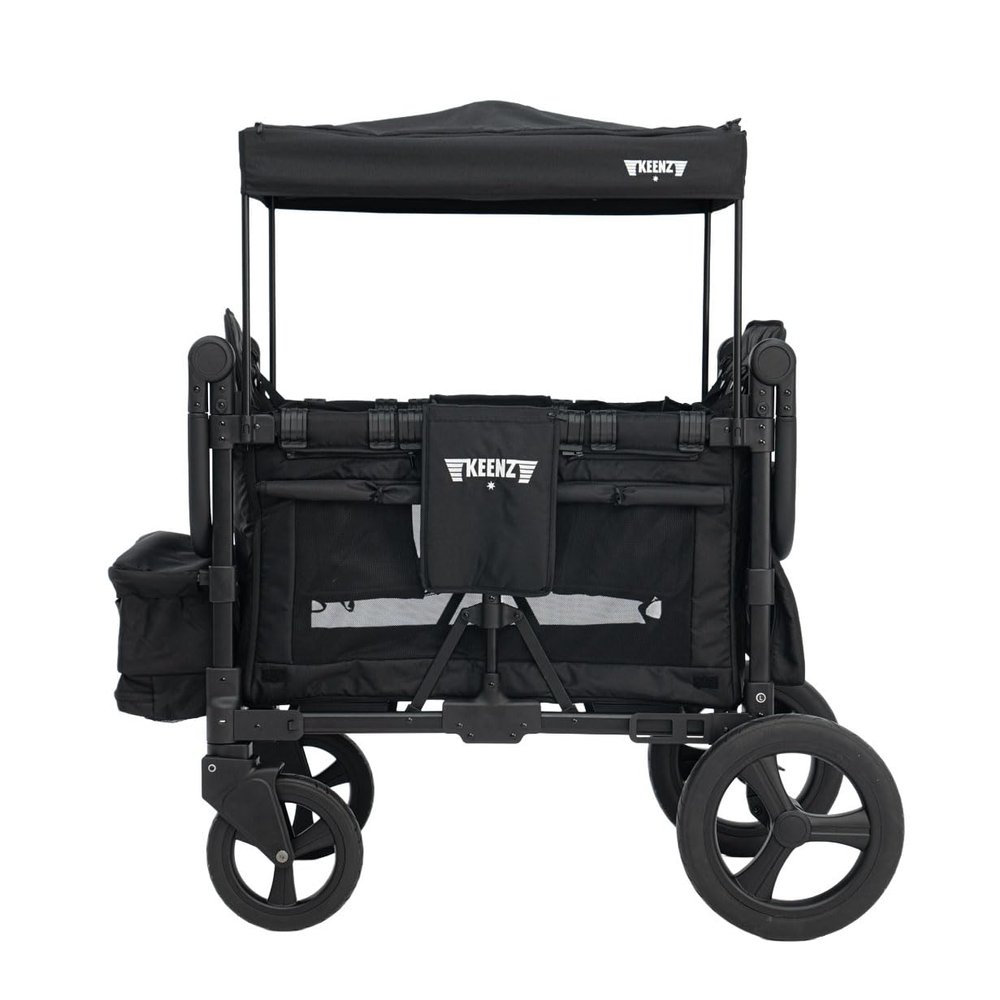 Keenz MOOV 4-Passenger All-Terrain Stroller Wagon with Reclining Seats, Built-in Cooler, Push/Pull Handle, Rubber Wheels, and Activity Tray  Foldable Wagon for Four Kids, Black