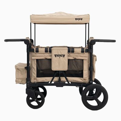 Keenz MOOV 2-Passenger All-Terrain Stroller Wagon with Reclining Seats, Cooler Bin, Push/Pull Handle, and Rubber Wheels  Foldable Wagon for Kids and Toddlers, Mocha