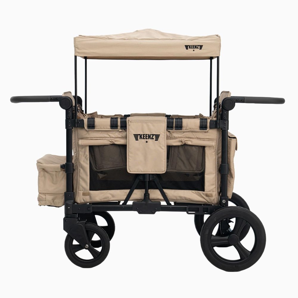 Keenz MOOV 2-Passenger All-Terrain Stroller Wagon with Reclining Seats, Cooler Bin, Push/Pull Handle, and Rubber Wheels  Foldable Wagon for Kids and Toddlers, Mocha