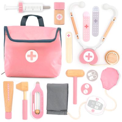 UMU Wooden Mini Doctor Kit for Kids 14 pcs Medical Playset for Toddlers with Stethoscope, Syringe, Doctor Bag, Blood Pressure Cuff & More Pretend Play Set for Girls Ages 3 4 5 6