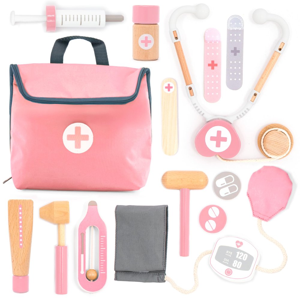 UMU Wooden Mini Doctor Kit for Kids 14 pcs Medical Playset for Toddlers with Stethoscope, Syringe, Doctor Bag, Blood Pressure Cuff & More Pretend Play Set for Girls Ages 3 4 5 6