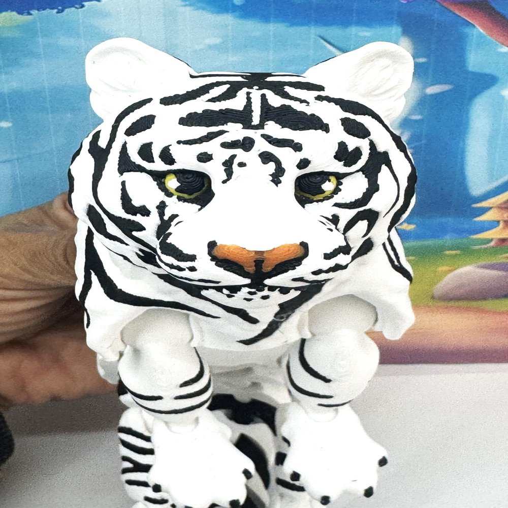 3D Printed Tiger, 12 Inches Articulated Jungle Wild Animal Toy, Home Office Executive Desk Decoration AT001-WHITE-LARGE
