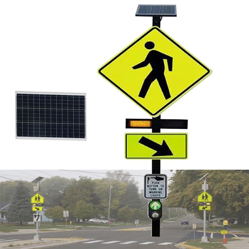 Solar-Powered LED Pedestrian Crossing Sign Aluminum Traffic Warning Sign with Engineering-Grade Reflective Film Waterproof Road Safety Signs Pedestrian Walking for Outdoor Use(Small)