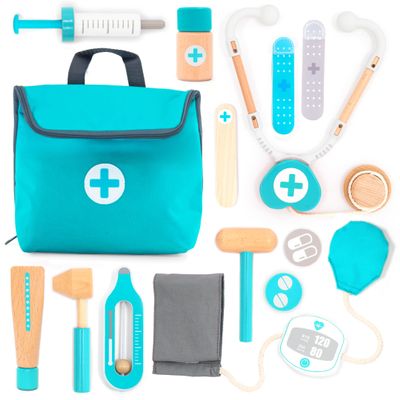 UMU Wooden Mini Doctor Kit for Kids 14 pcs Medical Playset for Toddlers with Stethoscope, Syringe, Doctor Bag, Blood Pressure Cuff & More Pretend Play Set for Boys and Girls Ages 3 4 5 6