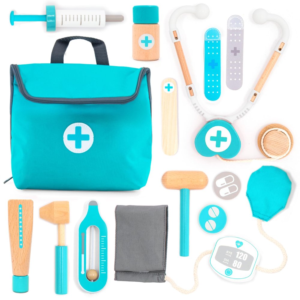 UMU Wooden Mini Doctor Kit for Kids 14 pcs Medical Playset for Toddlers with Stethoscope, Syringe, Doctor Bag, Blood Pressure Cuff & More Pretend Play Set for Boys and Girls Ages 3 4 5 6