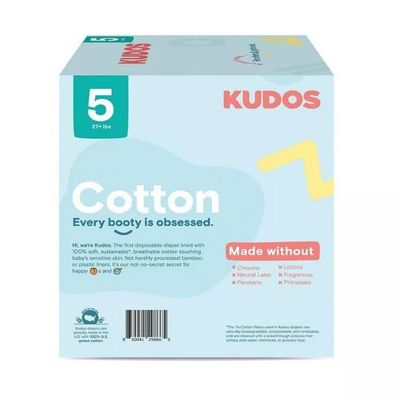 (1 Pack) ~ Kudos Chlorine~Free Premium Diapers, Cotton-Lined ~ Size 5~44 Count ~ 20+ Lbs ~ White.