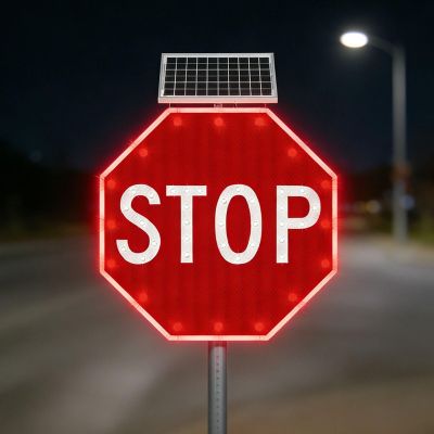 24" Solar Power Stop Flashing Traffic Signs, Engineering Reflective Aluminum Octagon Traffic Signs with Blinking LEDs, Aluminum Illuminated Light Traffic Road Warning Sign