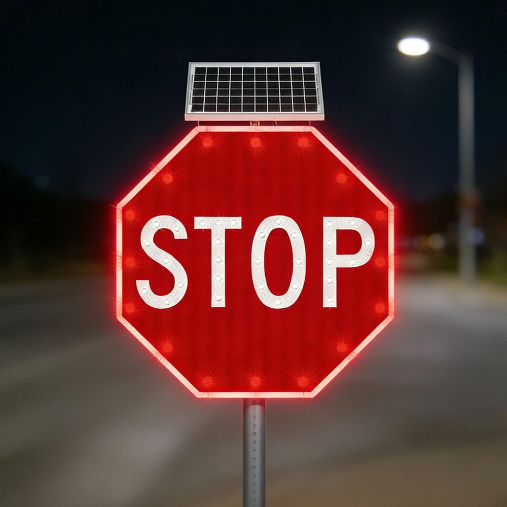 24" Solar Power Stop Flashing Traffic Signs, Engineering Reflective Aluminum Octagon Traffic Signs with Blinking LEDs, Aluminum Illuminated Light Traffic Road Warning Sign