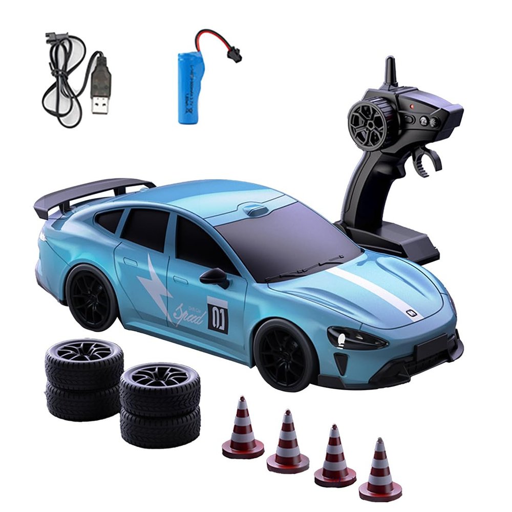 1:20 Scale 4WD RC Drift Car, 2.4GHz Remote Control Racing Car with LED Lights, with Interchangeable Racing & Drift Tires, High Speed LED Light Vehicle for Adults and Hobbyists Blue