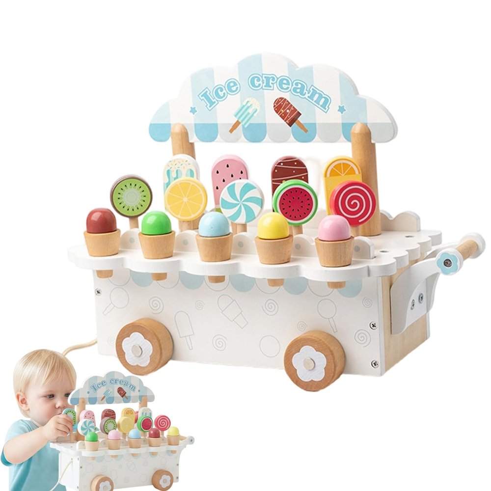 Ice Cream Shop Game - Wooden Trolley for Fun and Imaginative Symbolic Play | Role Play Ice Cream Shop for Supermarket Restaurant Kitchen Grocery