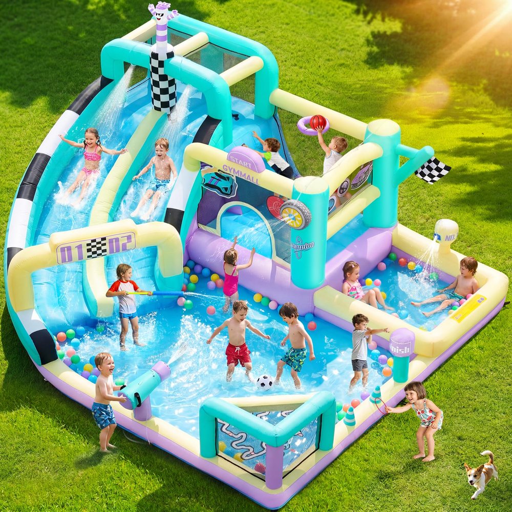 GYMMALL Inflatable Bounce House Double Water Slide with 750 W Blower, Blow up 12-in-1 Waterslide Park Bouncy Castle Outdoor, Racing-Themed Bouncer House with Soccer Area and Splash Pool - Macaron