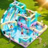 GYMMALL Inflatable Bounce House Double Water Slide with 750 W Blower, Blow up 12-in-1 Waterslide Park Bouncy Castle Outdoor, Racing-Themed Bouncer House with Soccer Area and Splash Pool - Macaron view 1