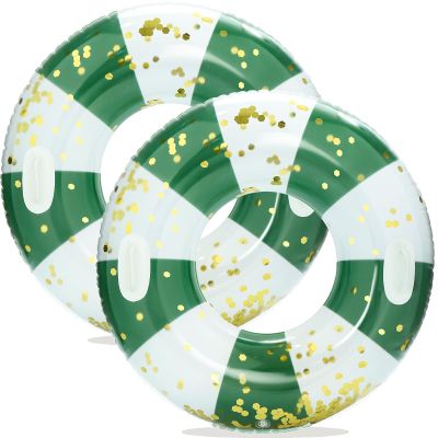 Large Inflatable Pool Floats with Handles for Adults- Pool Floaties Pool Tubes Swim Rings with Gold Sequins Inflatable Pool Float for Swimming Pool Party Lake Beach Adults (Green Stripes)
