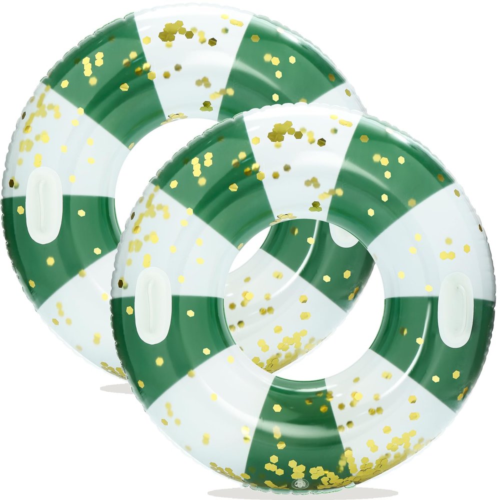 Large Inflatable Pool Floats with Handles for Adults- Pool Floaties Pool Tubes Swim Rings with Gold Sequins Inflatable Pool Float for Swimming Pool Party Lake Beach Adults (Green Stripes)