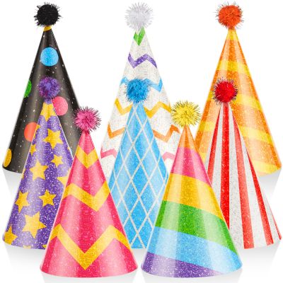 24PCS Colorful Birthday Party Cone Hats Glitter Paper Hat with Pompoms Glitter Birthday Supplies Colorful Paper Headwear for Kids Adults Celebration Baby Shower Bridal Shower Party Decoration