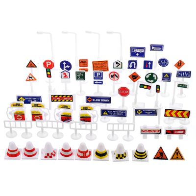 OATIPHO 56pcs Traffic Sign Toys, Mini Road Signs and Traffic Light Toy Set for Children Safety Education Plaything Train Table Accessories, Car Garage Playing,