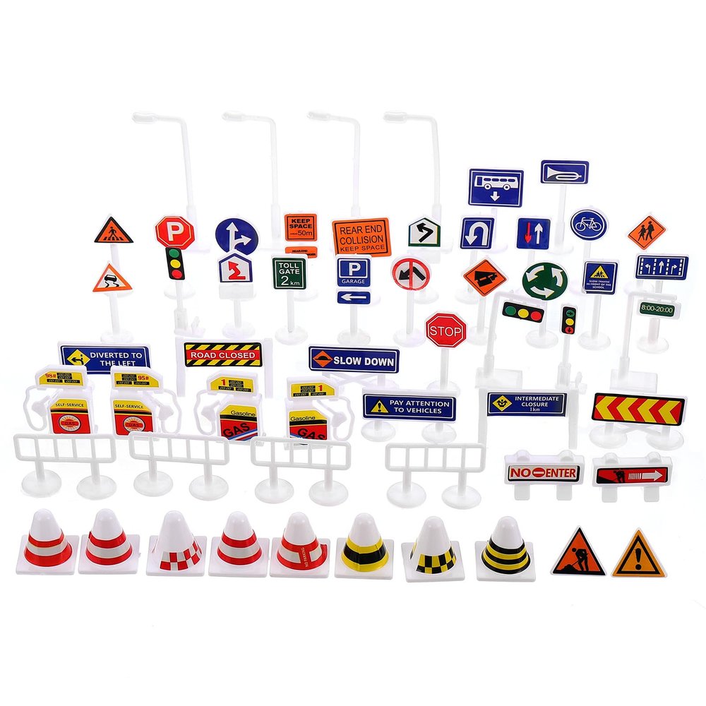 OATIPHO 56pcs Traffic Sign Toys, Mini Road Signs and Traffic Light Toy Set for Children Safety Education Plaything Train Table Accessories, Car Garage Playing,