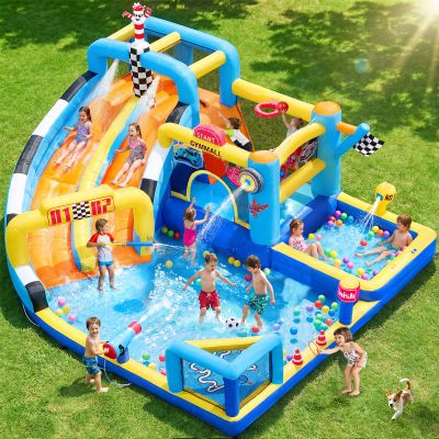 GYMMALL Inflatable Bounce House Double Water Slide with 750 W Blower, Blow up 12-in-1 Waterslide Park Bouncy Castle Outdoor, Racing-Themed Bouncer House with Soccer Area and Splash Pool - Blue