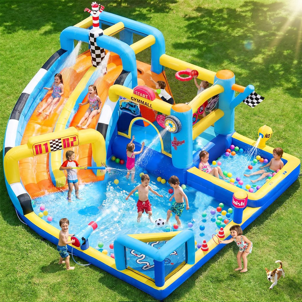 GYMMALL Inflatable Bounce House Double Water Slide with 750 W Blower, Blow up 12-in-1 Waterslide Park Bouncy Castle Outdoor, Racing-Themed Bouncer House with Soccer Area and Splash Pool - Blue