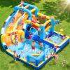 GYMMALL Inflatable Bounce House Double Water Slide with 750 W Blower, Blow up 12-in-1 Waterslide Park Bouncy Castle Outdoor, Racing-Themed Bouncer House with Soccer Area and Splash Pool - Blue view 1