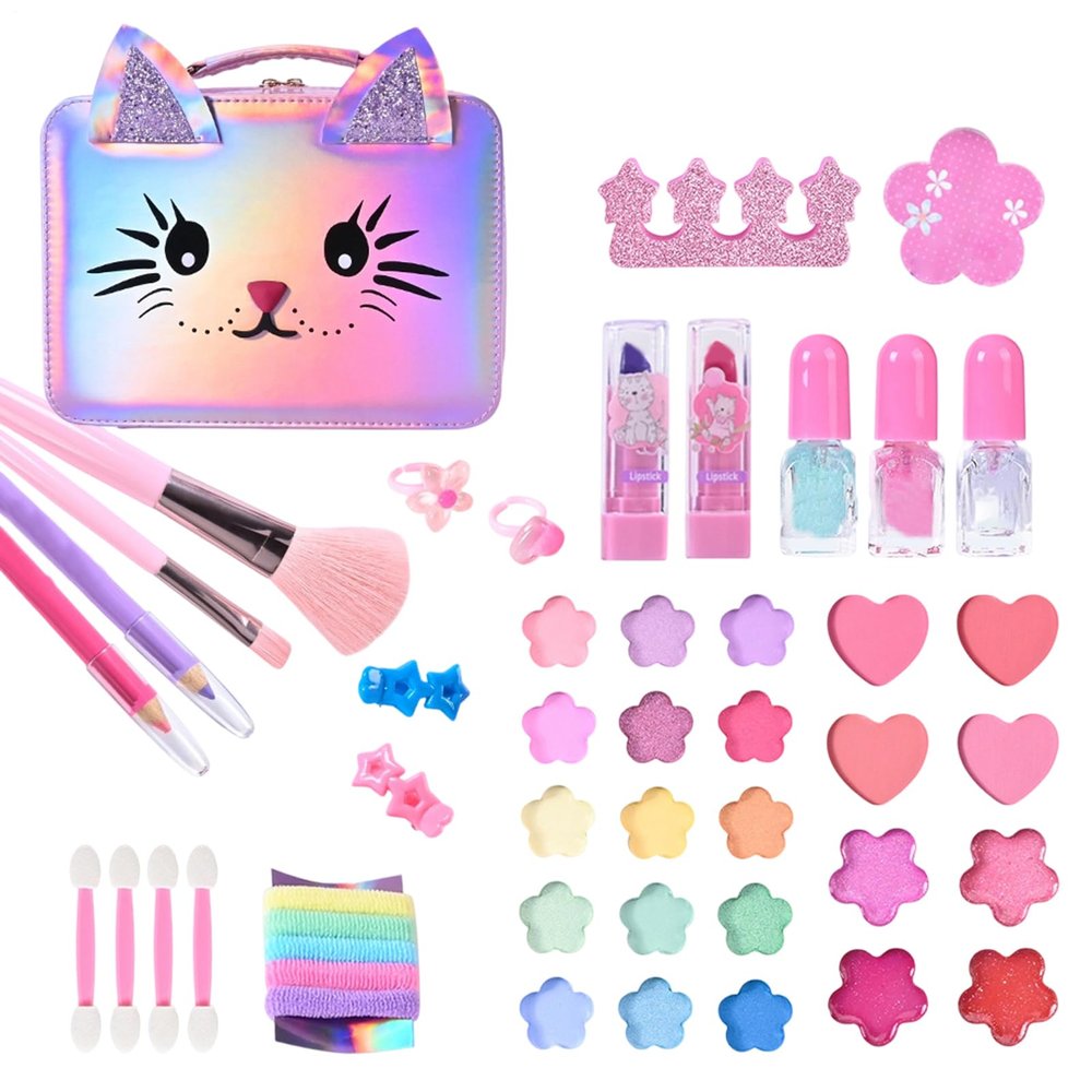 Kids Makeup - Washable Real Princess Cosmetic Toy | Suitable Girls Makeup Kit with Cat Shape Purse, Kids Cosmetics for Children Girls Holidays Birthday Festivals Pretend Play