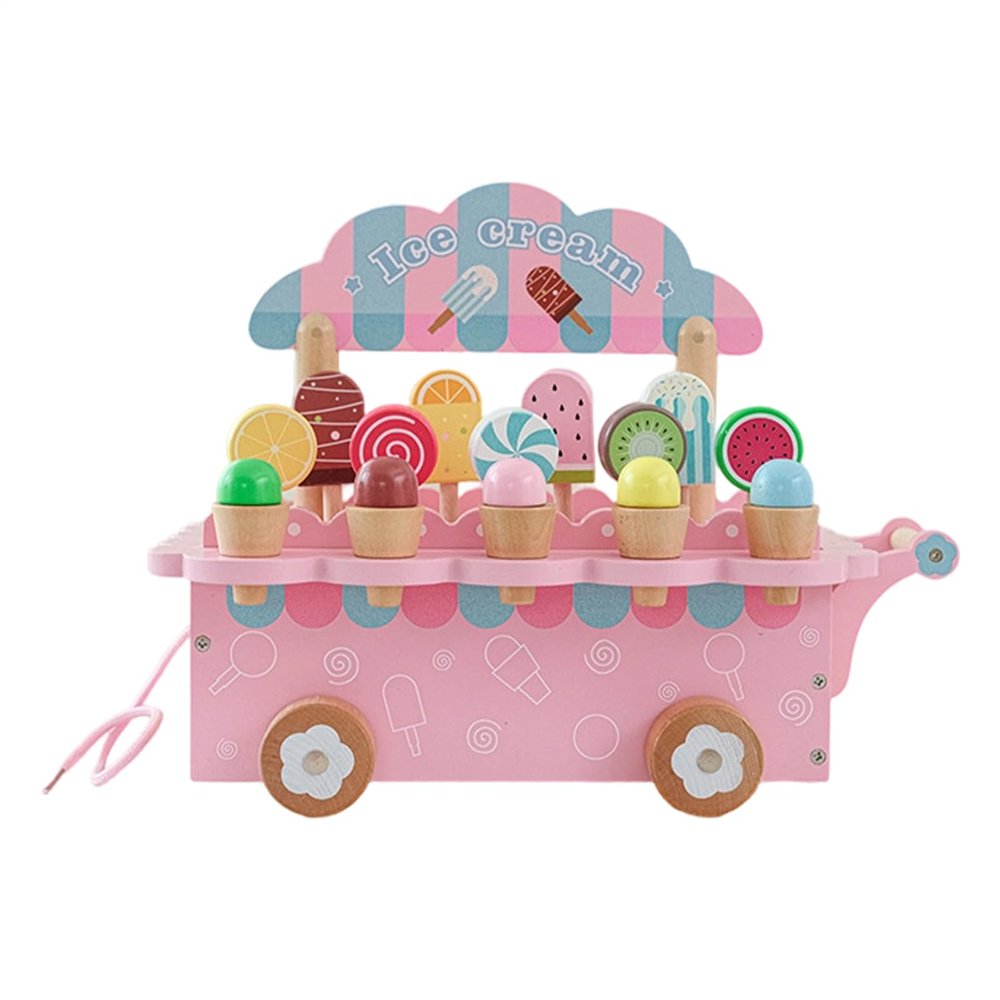 Ice Cream Shop Playset | 12.7*9.8in Ice Cream Shop Toys for Kids | Imaginative Wooden Cart Pretend Game | for Boys Girls Irthday Party Kitchen Grocery Picnic Restaurant Supermarket