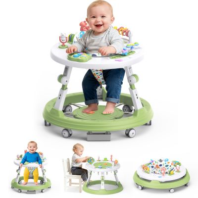 4-in-1 Foldable Activity Center- Baby Walker with Wheels, 360-degree Rotatable Play Tray, 3-Stage Adjustable Height, for Boys and Girls 6-18 Months, Music and Lights(Green)