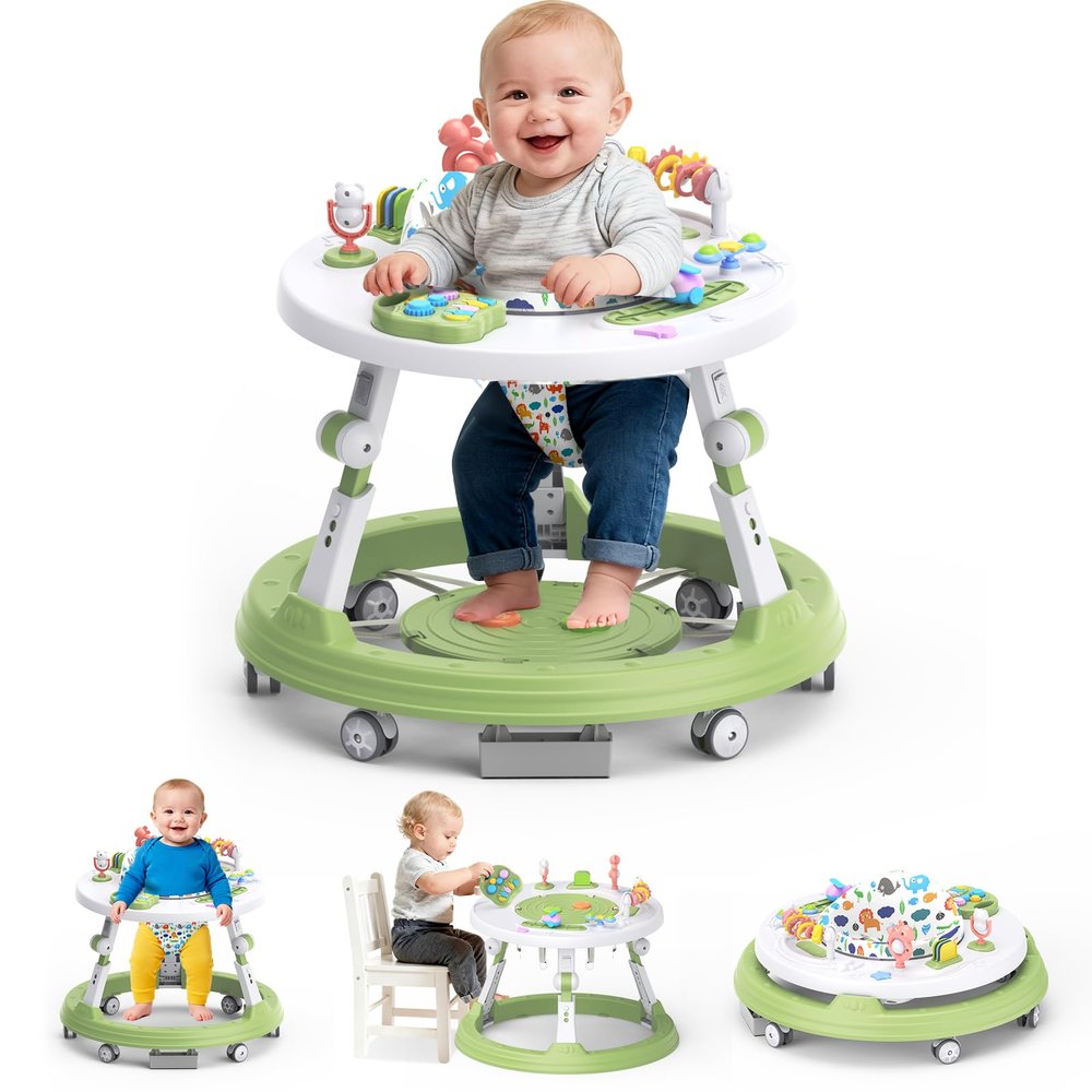 4-in-1 Foldable Activity Center- Baby Walker with Wheels, 360-degree Rotatable Play Tray, 3-Stage Adjustable Height, for Boys and Girls 6-18 Months, Music and Lights(Green)