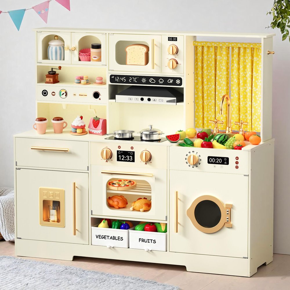 Play Kitchen for Toddlers with Felt Storage Boxes & Range Hook, Wooden Kids Kitchen Playset with Oven, Microwave, Ice Maker, Toy Kitchen Set with Coffee Maker for Girls & Boys Age 3+, Yellow Curtains