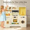 Play Kitchen for Toddlers with Felt Storage Boxes & Range Hook, Wooden Kids Kitchen Playset with Oven, Microwave, Ice Maker, Toy Kitchen Set with Coffee Maker for Girls & Boys Age 3+, Yellow Curtains view 2