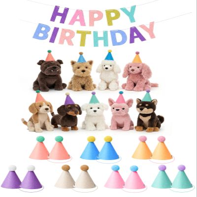 Fiestivo 14pcs Mini Party Hats for Stuffed Animals with Banner, Felt Cloth Adjustable Mini Birthday Hats for Dolls Dog Cat Rabbit Puppies Assorted Animal Birthday Decorations