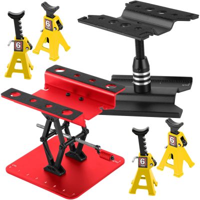 2-Pack RC Work Stand Bundle for 1/18 1/24 1/30 1/32 TRX4M K10 SCX24 FCX24 K5 AX24 SCX30 Ascent-32, 360 Rotating Display Stand & Height Adjustable Lift Table w/ 4 Pcs Jack Stands,Black & Red w/Yellow