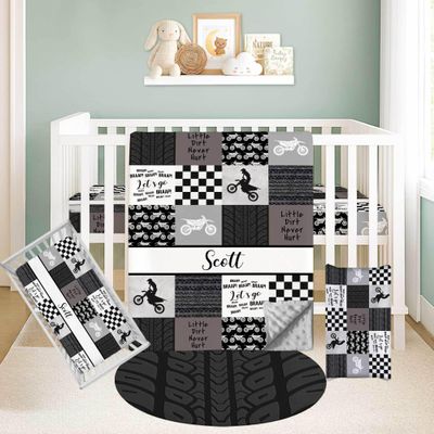 Munific Personalized Baby Crib Bedding Set Custom Name 3-Piece Nursery Set Including Blanket, Fitted Crib Sheet & Changing Pad Cover Ideal Newborn Gift for Boys, Motocross