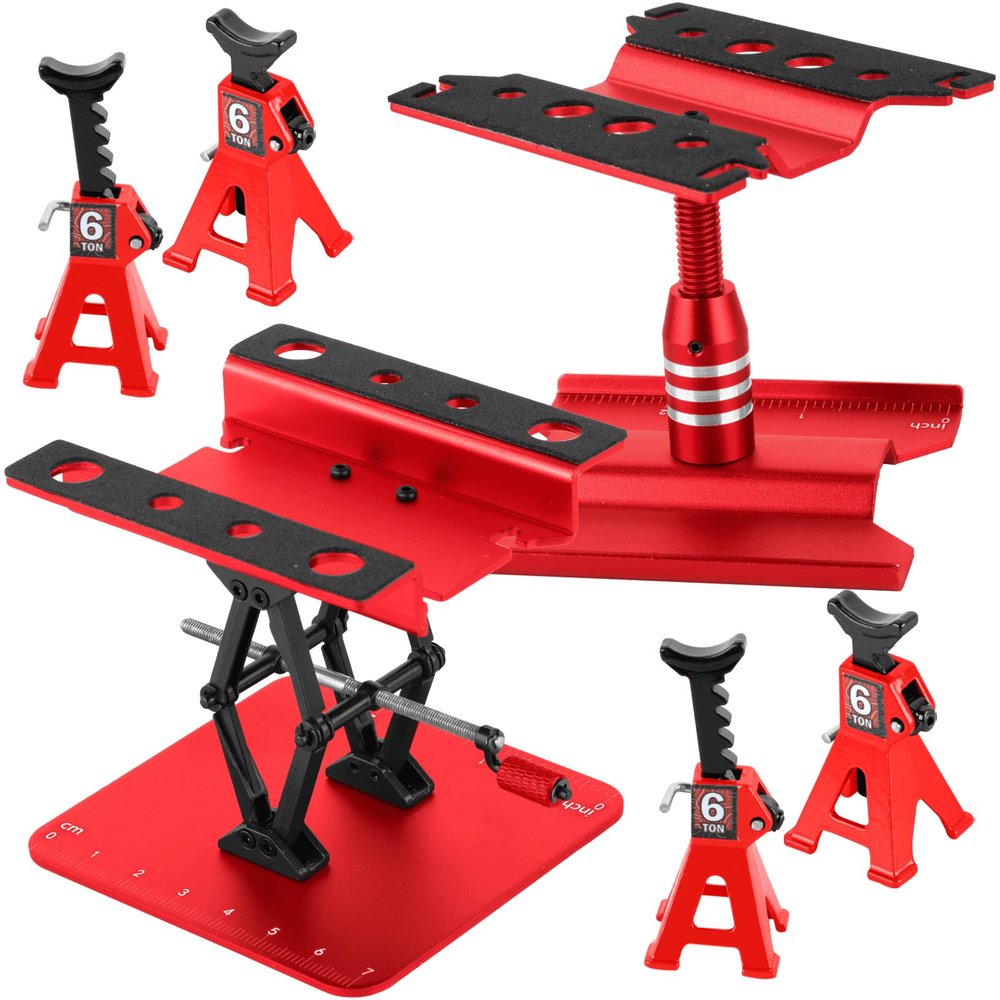 2-Pack RC Work Stand Bundle for 1/18 1/24 1/30 1/32 TRX4M K10 SCX24 FCX24 K5 AX24 SCX30 Ascent-32, 360 Rotating Display Stand & Height Adjustable Lift Table w/ 4 Pcs Jack Stands,Red w/Red