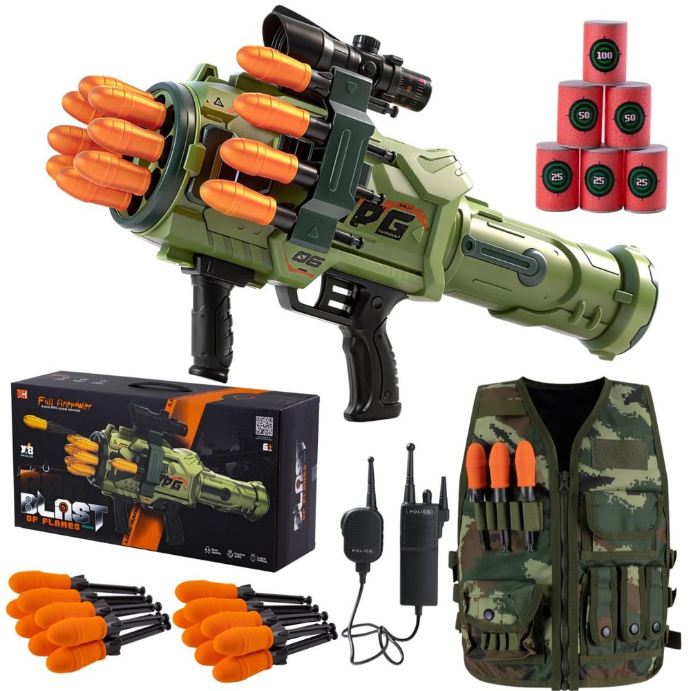 Children's Foam Rocket Launcher Toy Soft Bullet Launcher RPG Toy Gun Set Tactical Vest Battle Game (Green, Upgraded Package)