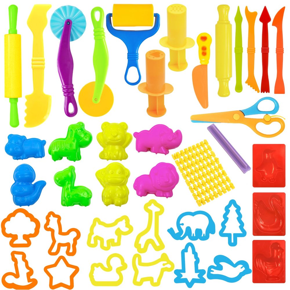 AWNOGKUE Playdough Tools Set, 38 Pcs Play Dough Sets for Kids Ages 4-8, Creative Play Dough Accessories with Clay Cutters, Roller, Molds, Safety Scissors, Educational Toys for Boys Girls