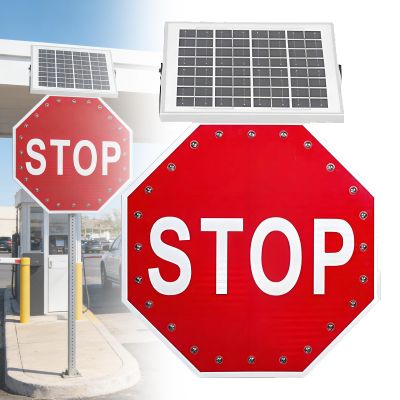 Solar Powered LED Traffic Sign, 24/30 Inch Aluminum Flashing Blinking Stop Sign, Waterproof Reflective Street Warning Sign for Highways, Neighborhoods, Zebra Crossings 30inches