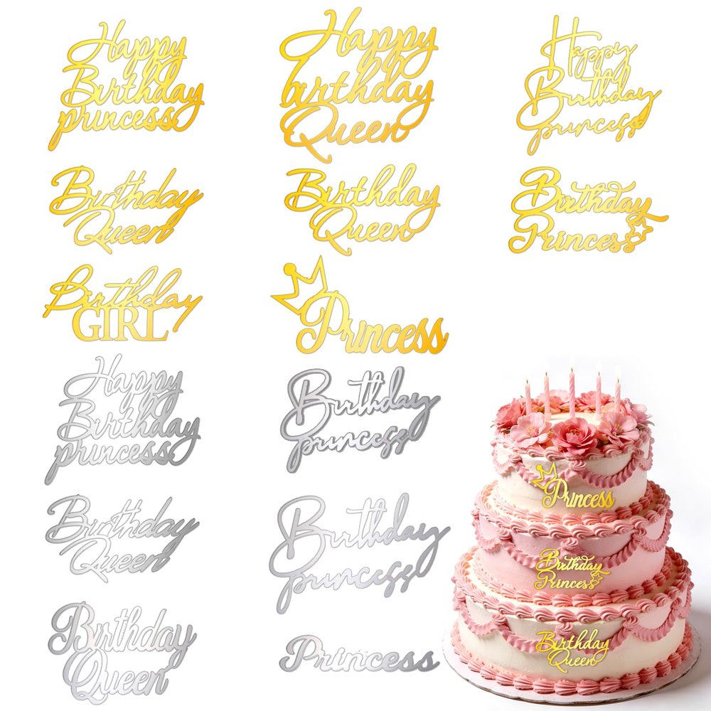 14 PCS Acrylic Happy Birthday Cake Topper Gold and Silver, Birthday Queen Princess Cake Topper Modern Minimalist Cakes Decoration for Women Girls Party Valentine's Day Mother's Day