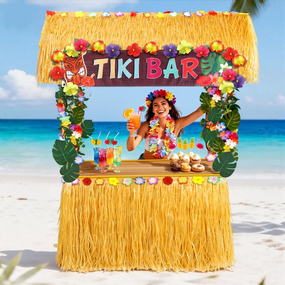 153 PCS Tiki Bar Hut Kit with Roof, Portable Tiki Bar Decor with Table Skirt, Leis, Banner, Flower Garland, Luau Party Supplies for Pool Beach Party