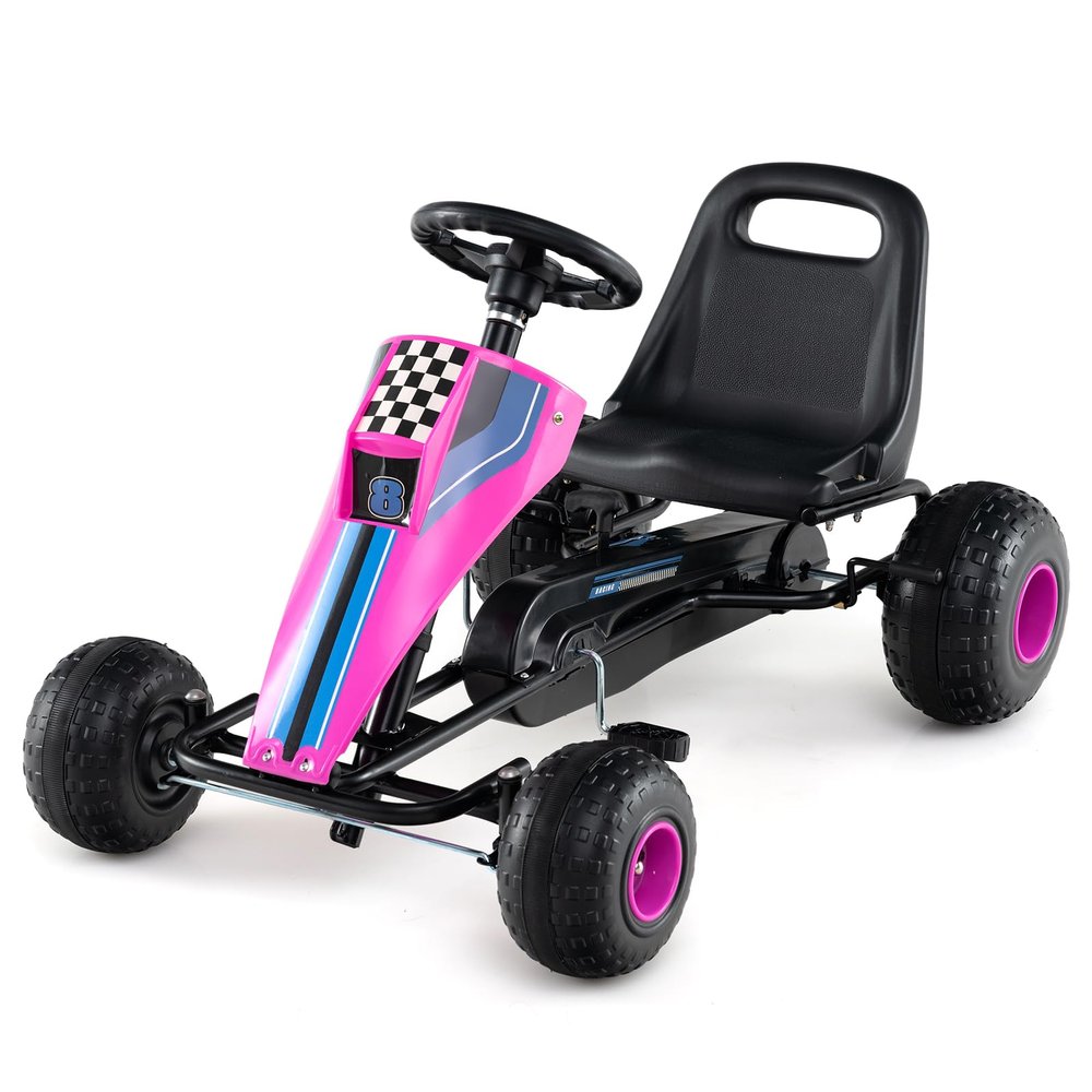 Costzon Pedal Go Kart, 4 Wheel Ride on Toy Pedal Car with Adjustable Seat, Handbrake, Free-Wheel & Pedal Modes, Outdoor Bicycle Go Cart with Wear-Resistant Wheels, Gift for Boys and Girls (Pink)
